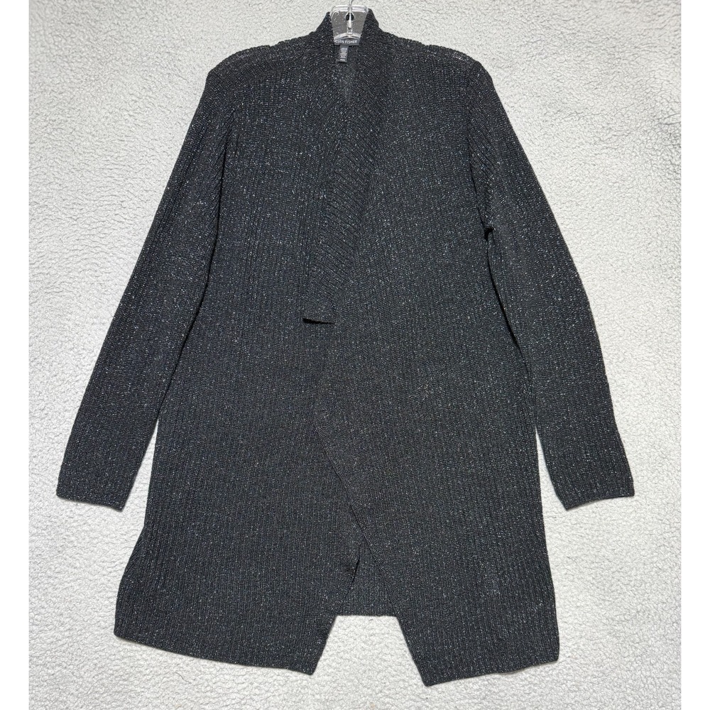Eileen Fisher Merino Wool blend Knit Open Front Cardigan Womens M Black Metallic